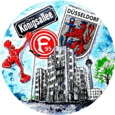 Gemlde Dsseldorf Collage im Pop Art Stil auf Leinwand mit Gehry Bauten, Rheinturm, Flossi, Knigsallee