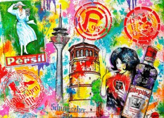 Gemälde Düsseldorf Motive Collage,in pop art, Acryl auf Leinwand, Galerie klipp-art, Jan Wellem Heine Uerige Rheinturm Gehry Skyline