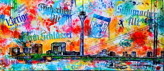 Gemälde Düsseldorf Motive Collage,in pop art, Acryl auf Leinwand, Galerie klipp-art, Jan Wellem Heine Uerige Rheinturm Gehry Skyline