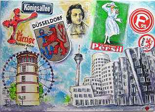Gemälde Düsseldorf Collage, Stadtansicht mit Acryl Leinwand, von Silvia Klippert Galerie klipp-art