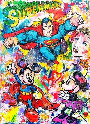Pop-Art Comics painting Mickey Mouse und Superman, moderne  Kunst, unikat bild acryl leinwand