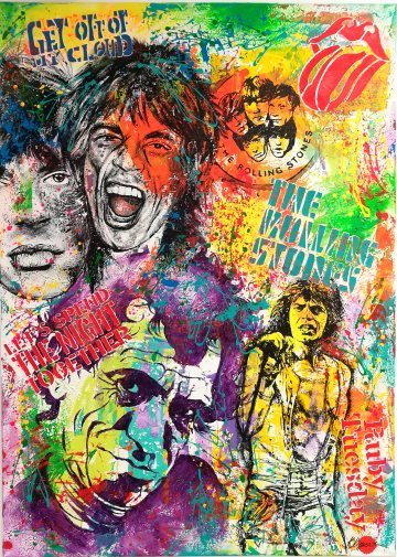 Rolling stones porträt in pop art Stil mit acryl auf leinwand, Gemälde mit Mick Jagger, George Harrison