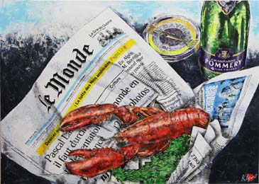 pop art Collage Stillleben Lobster Hummer auf Zeitung mit Champagner von klipp-art