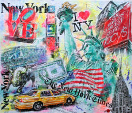 new york panorama pop art bild, Collage,Acryl Leinwand, Freiheitsstatue, yellow Taxi cab, US Flagge, US Dollar